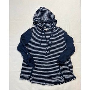 J. Jill Linen and Cotton Shirttail Hoodie Button V Neck Stripe Blue White